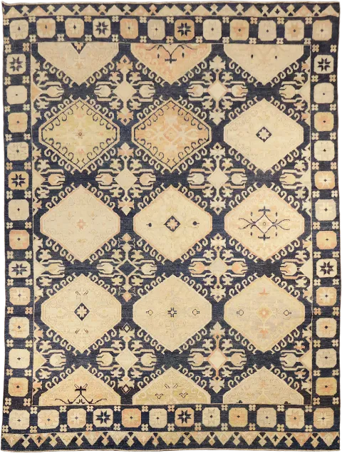 Blue Geometric Wool Oushak Turkish Area Rug 9x12