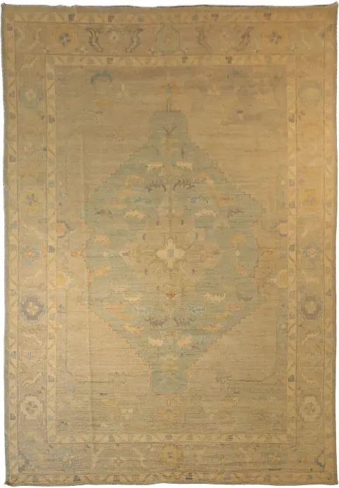 Muted Green Floral Oriental Oushak Turkish Large Wool Rug 10x14