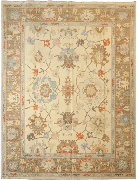 Ivory Wool Oushak Turkish Geometric Area Rug 9x12