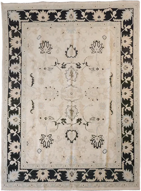 Oriental Ivory Oushak Wool Rug with Exquisite Flower Pattern Border 9x12