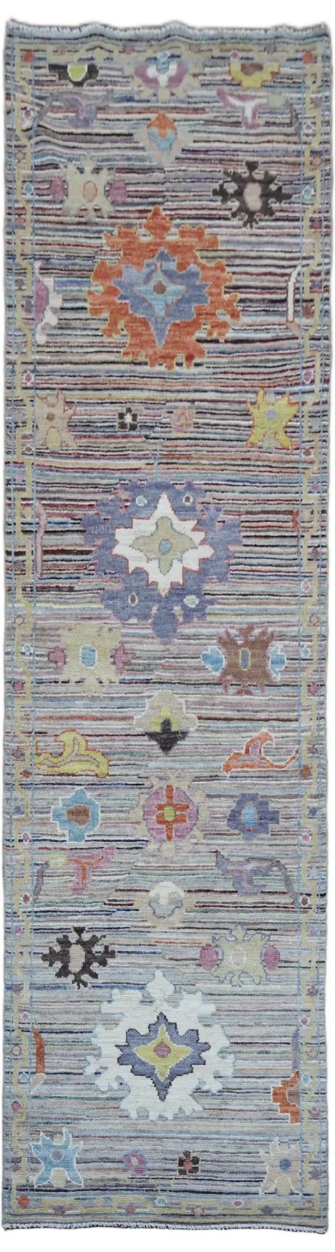 Unique Geometric Wool Oushak Turkish Runner Rug 3x10
