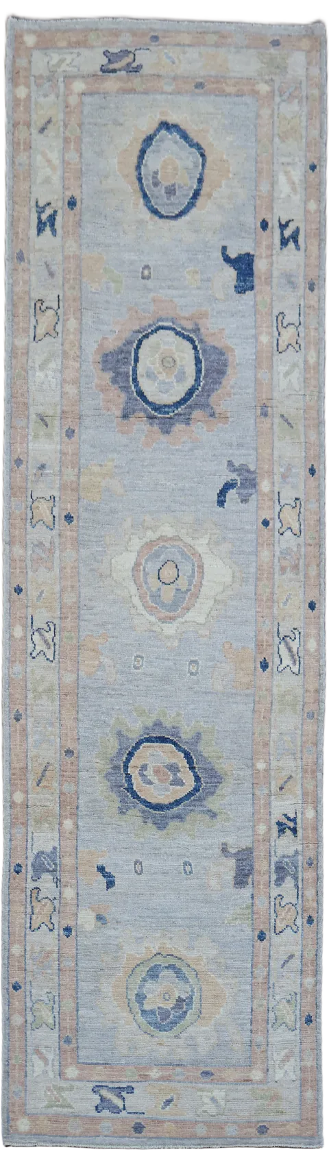 Geometric Blue Wool Oushak Turkish Runner Rug 3x10