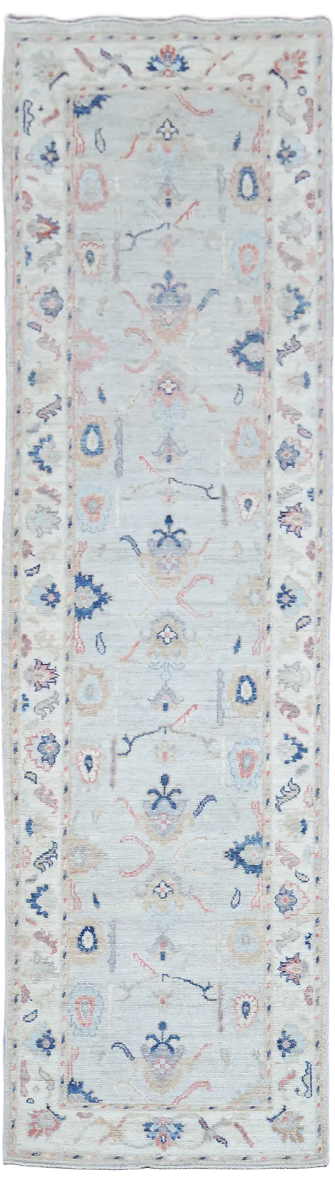 Muted Blue Vegetable Dye Floral Oriental Oushak Turkish Runner Rug 3x10