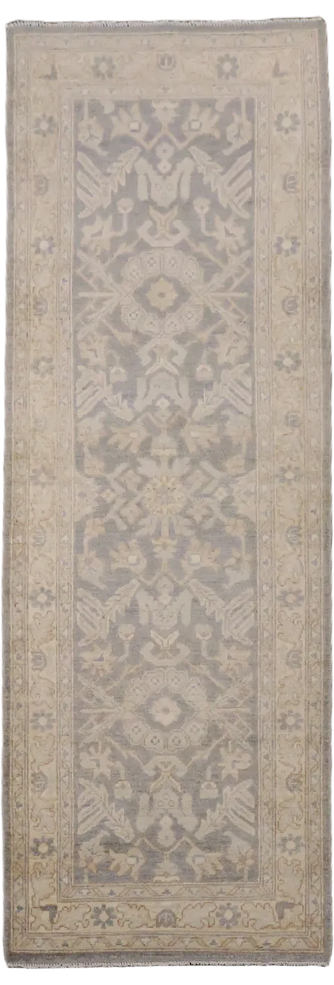 Geometric Wool Vegetables Dye Oushak Turkish Runner Rug 3x8