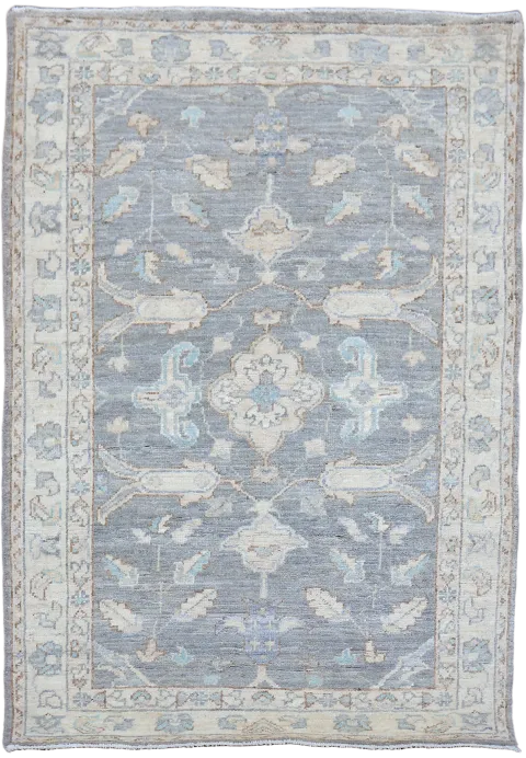 Grey Geometric Wool Vegetable Dye Oushak Turkish Wool Rug 3x4