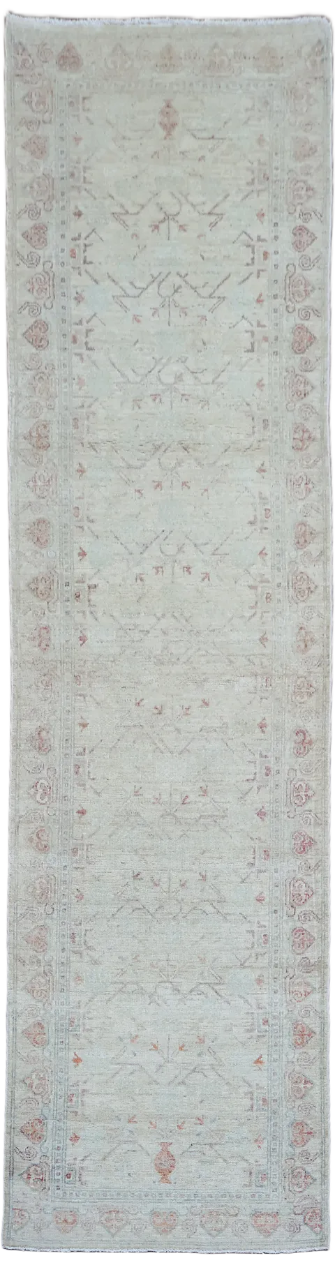 Muted Wool Geometric Oushak Turkish Runner Rug 3x9