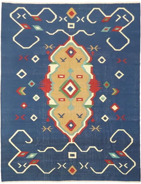 Vibrant Geometric Blue Kilim Turkish Rug with Tribal Pattern Accents 9'x12'