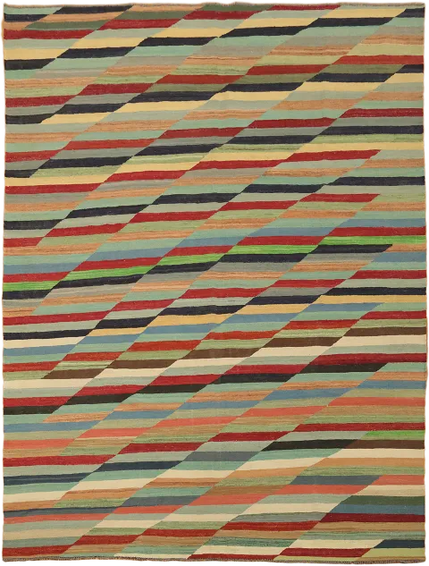 Versatile Striped Turkish Kilim Rug with Bright and Subtle Earth Hues 9'x11'
