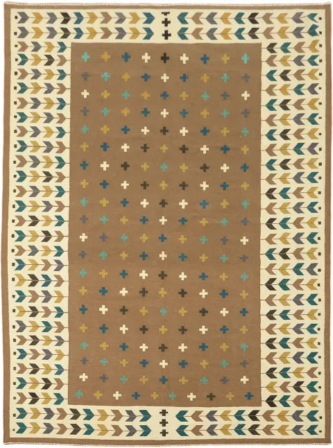 Contemporary Brown and Blue Pattern Turkish Kilim Rug for Modern Decor 10'x13'