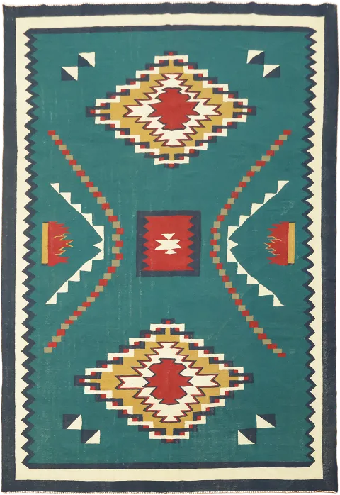 Teal and Red Kilim Turkish Wool Rug with Cultural Patterns 10'x14'