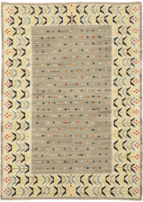 Vibrant Chevron and Dot Pattern Taupe Grey Turkish Kilim Rug 7'x9'