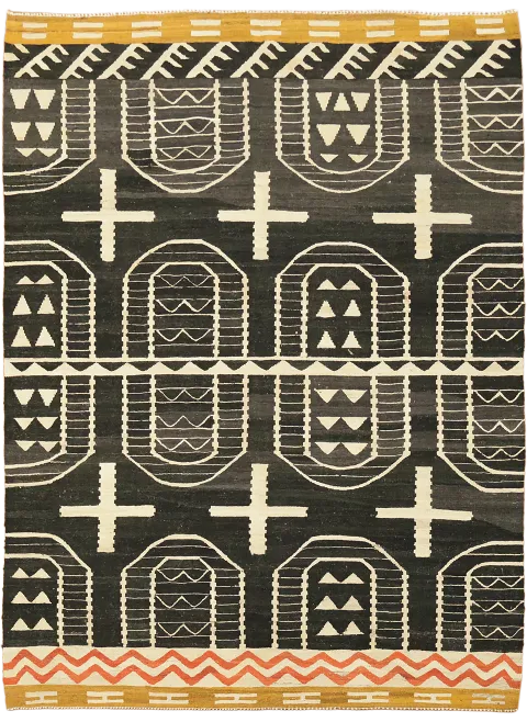 Modern Black and White Flat-weave Kilim Rug with Intricate Geometric Patterns 7'x10'