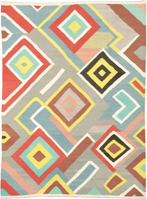 Chic Multicolor Wool Kilim Rug Rug with Abstract Geometric Squares 9x12