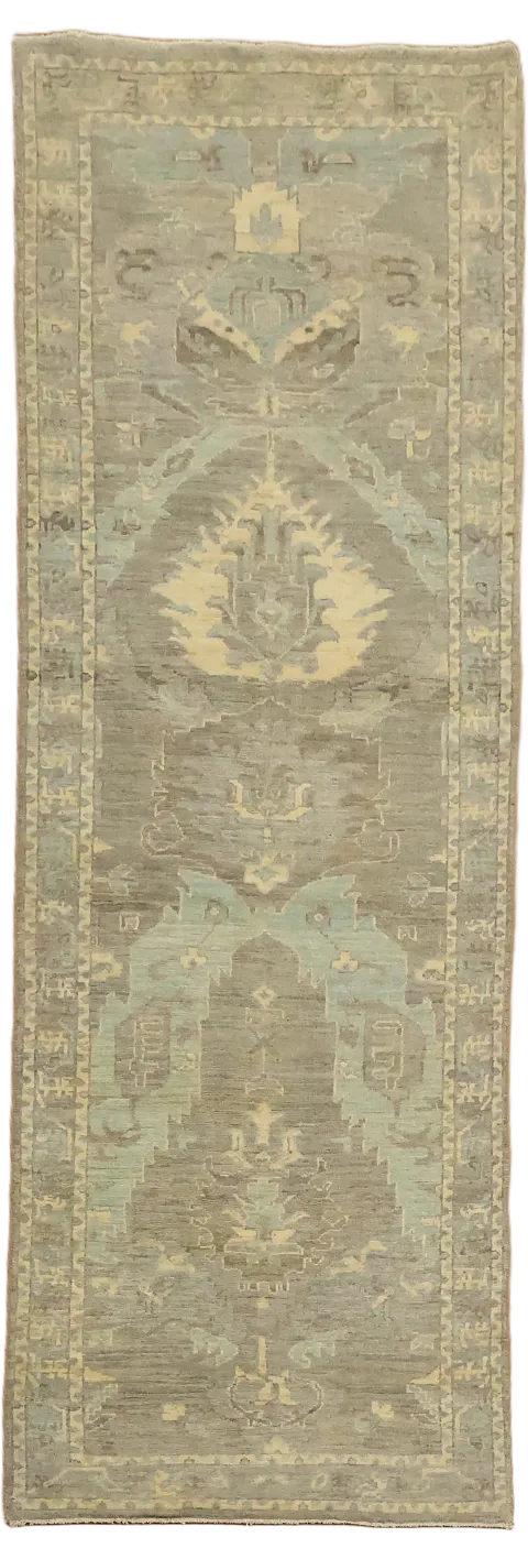 Vegetable Dye Brown Wool Oushak Turkish Runner Rug 3x8