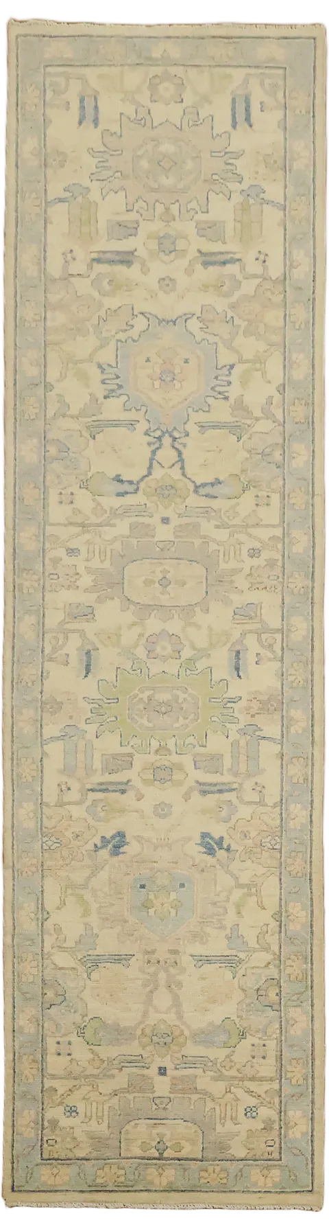 Outstanding Geometric Oriental Oushak Turkish Runner Wool Rug 3x10