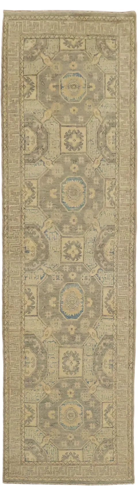 Muted Geometric Oriental Wool Oushak Turkish Runner Rug 3x10
