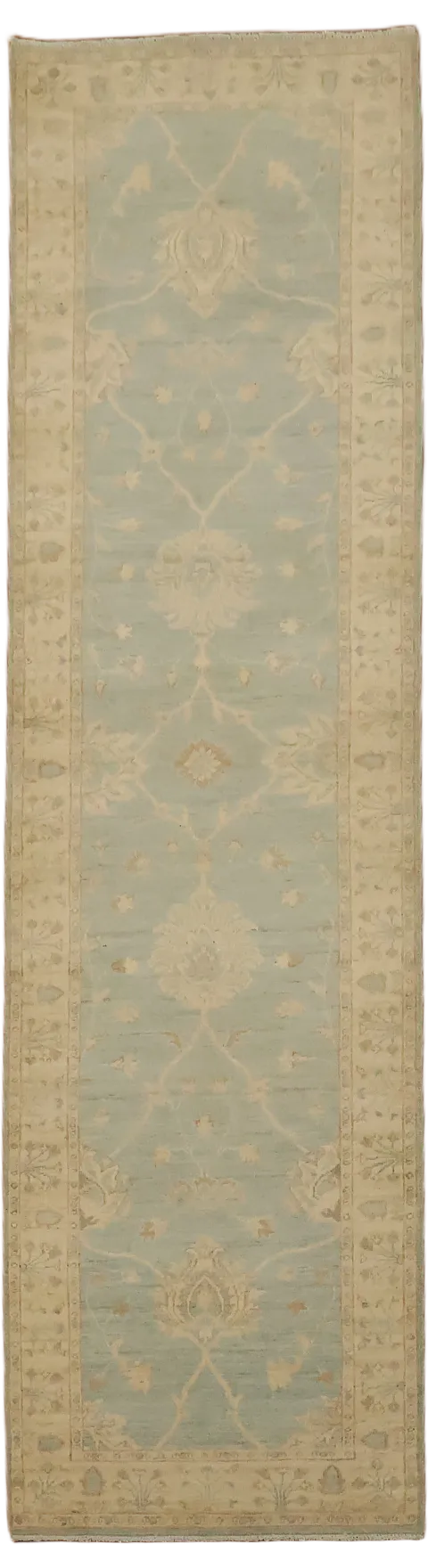 Vegetables Dye Muted Green Oushak Turkish Runner Wool Rug 3x10