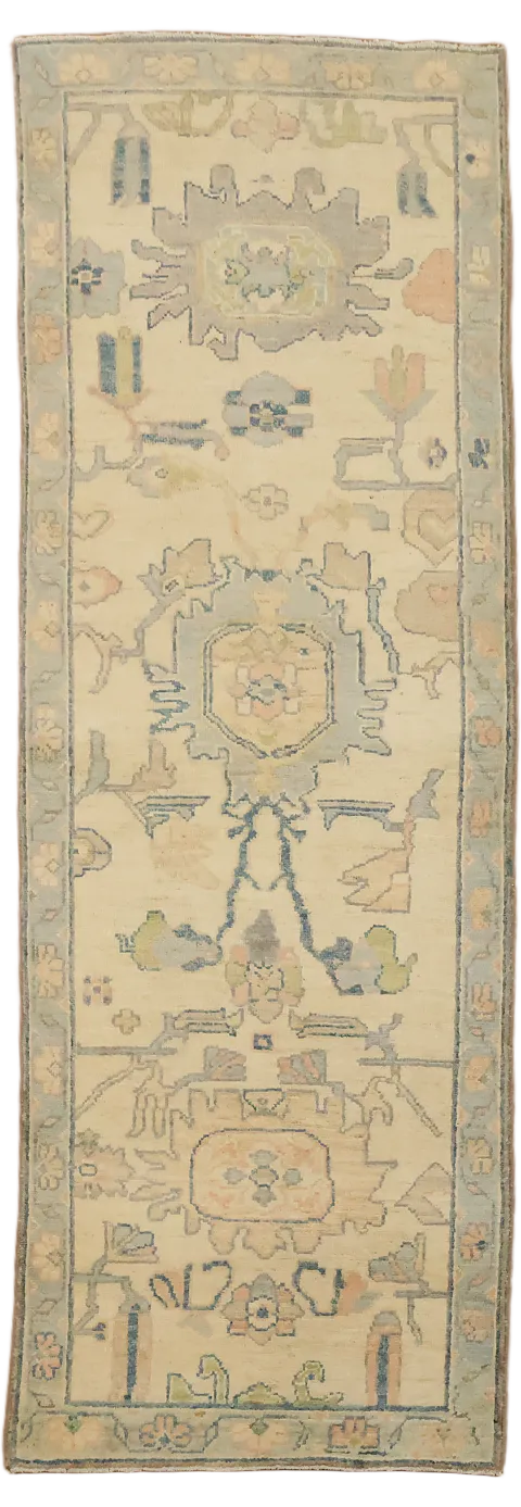 Geometric Wool Oushak Turkish Runner Rug 3x8