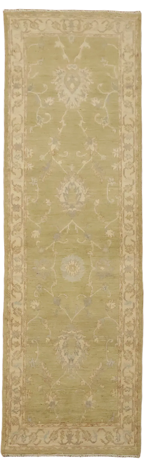 Green Floral Wool Oushak Turkish Runner Rug 3x8