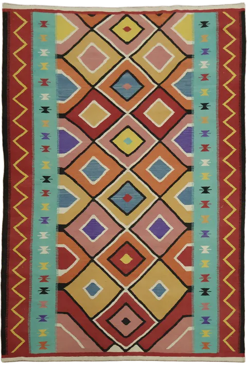 Vibrant Geometric Diamond Pattern Kilim Turkish Wool Rug 7'x10'