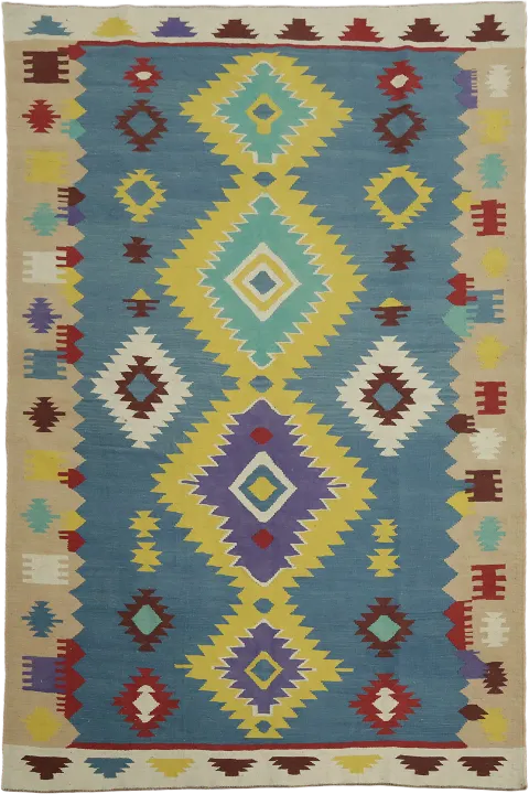 Kilim Turkish Handwoven Aztec Design Rug in Vivid Colors 7'x10'