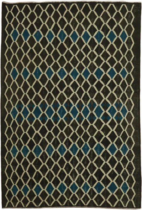 Modern Lattice Style Black Turkish Kilim Rug with Subtle Blue Accents 7'x10'