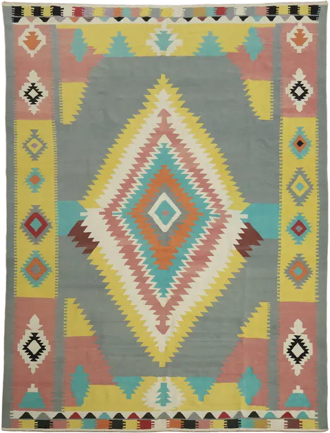 Colorful Southwestern Style Turkish Kilim Rug with Grey Yellow and Pink 10'x13'