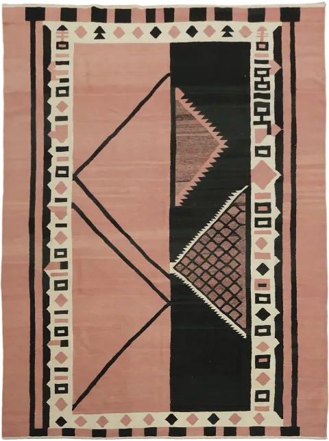 Modern Artistic Pink and Black Kilim Turkish Flat-Woven Rug 10'x13'