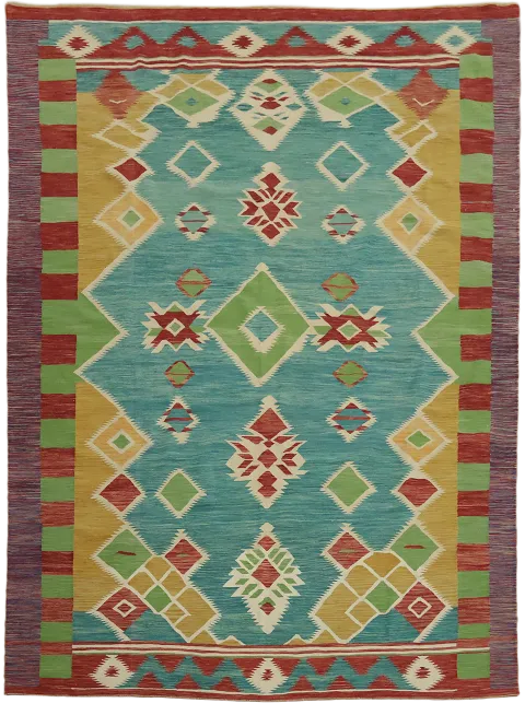 Green Hand Woven Wool Kilim Turkish Area Rug 9x12