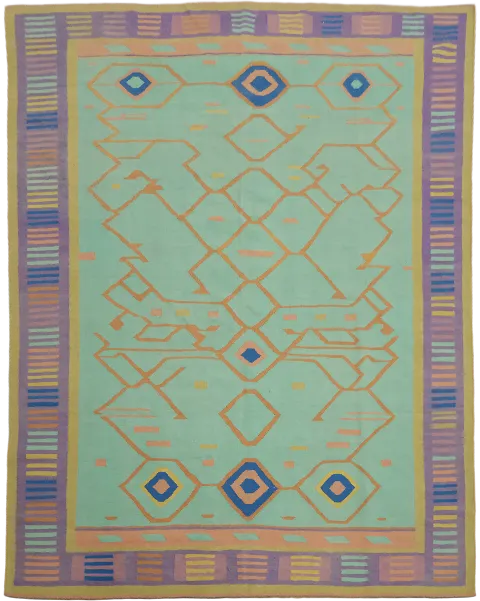 Green Geometric Wool Kilim Turkish Area Rug 8x10