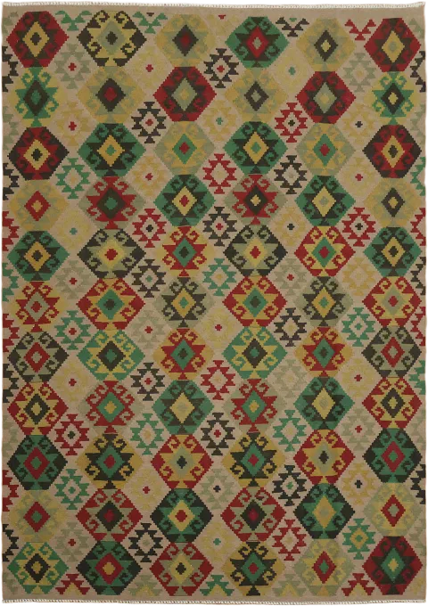 All Over Geometric Wool Kilim Turkish Area Rug 7x10