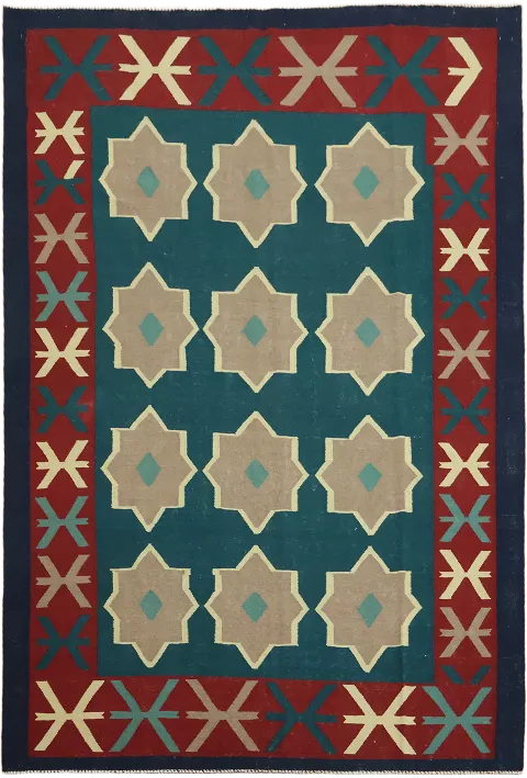 Green Flat Weave Wool Kilim Turkish Area Rug 7x10