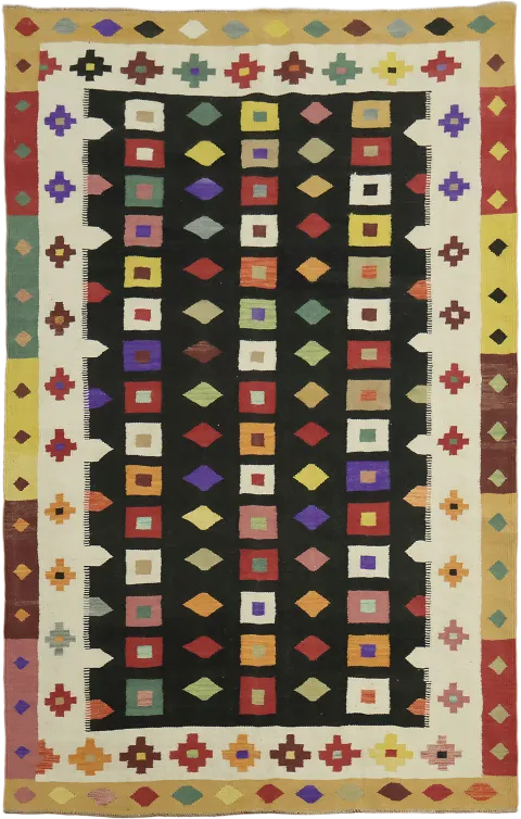 Black All Over Geometric Hand Woven Wool Kilim Turkish Area Rug 6x9