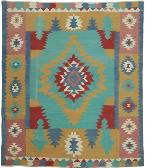 Green Wool Flat Weave Kilim Turkish Area Rug 8x10