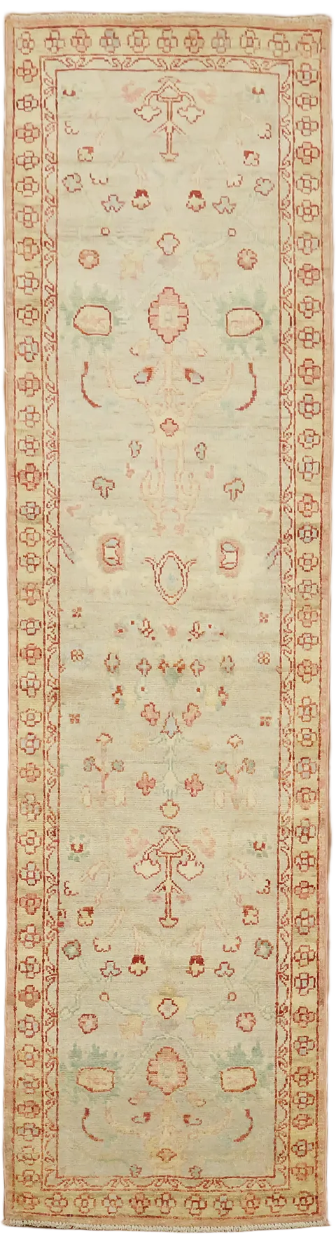 Geometric Wool Vegetable Dye Oushak Turkish Runner Rug 3x10