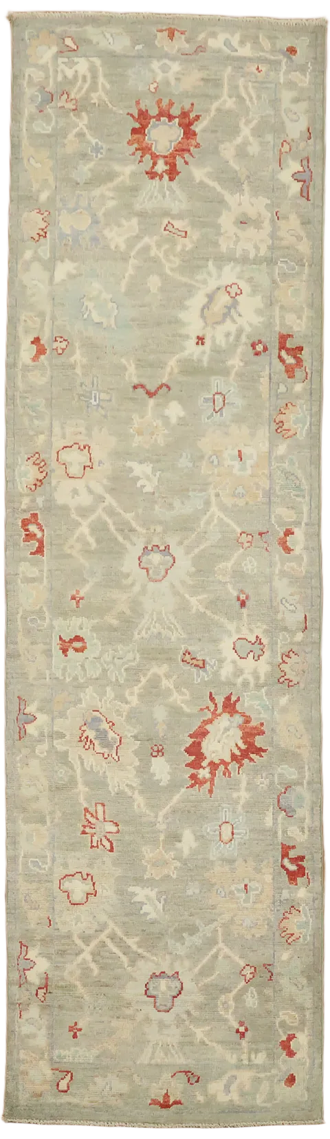 Green Wool Oushak Turkish Runner Rug 3x10