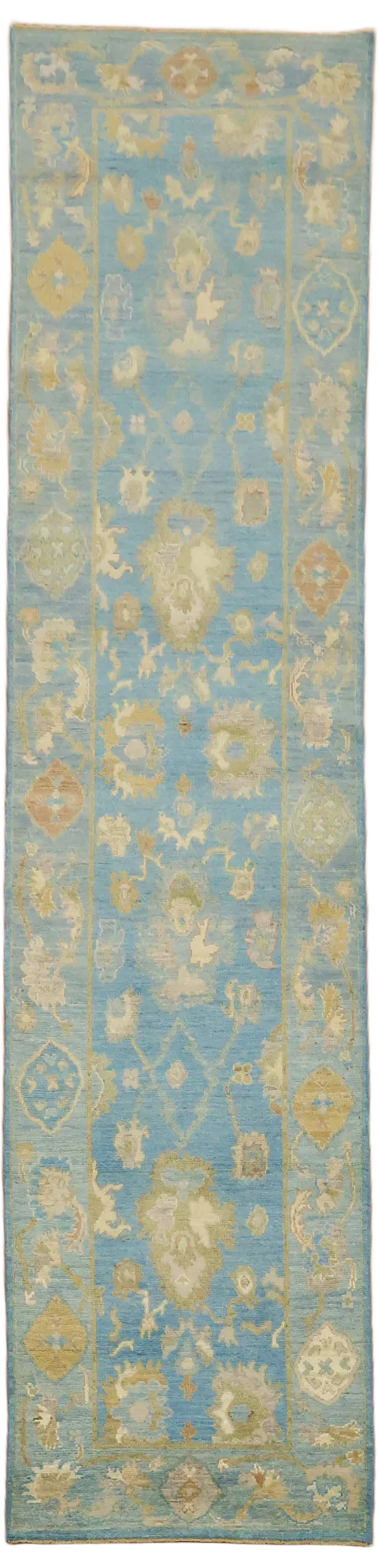Blue Vegetable Dye Floral Wool Oushak Turkish Runner Rug 3x12