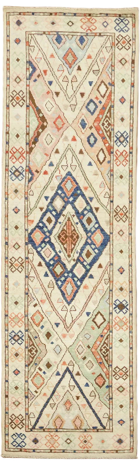 Vegetable Dye Geometric Wool Oushak Turkish Runner Rug 3x9