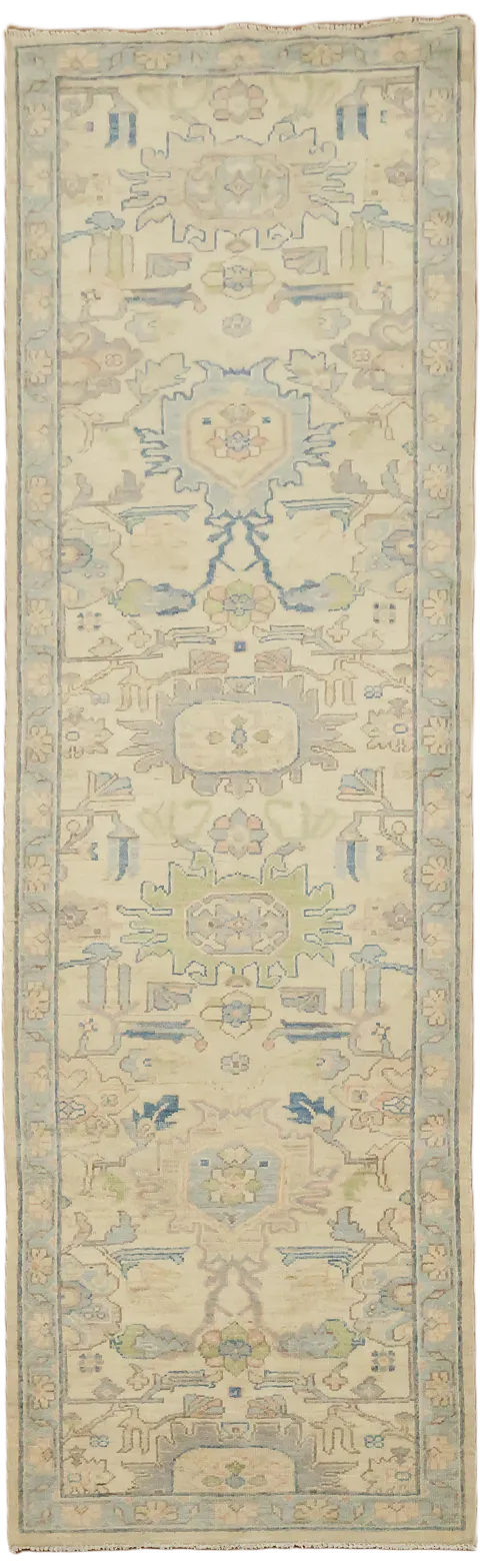 Oushak Turkish Runner Geometric Wool Rug 3x10