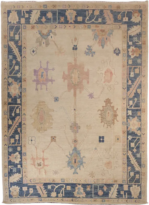 Handcrafted Beige Oriental Wool Oushak Rug Featuring Bold Geometric Motifs 10x13