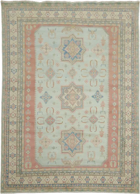 Vintage-Inspired Kazak Wool Area Rug in Pastel Tones and Stars 10x13
