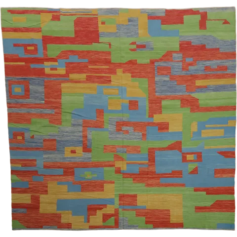 Modern Pixel Art Style Large Square Kilim Turkish Flat-Weave Rug 15'x15'