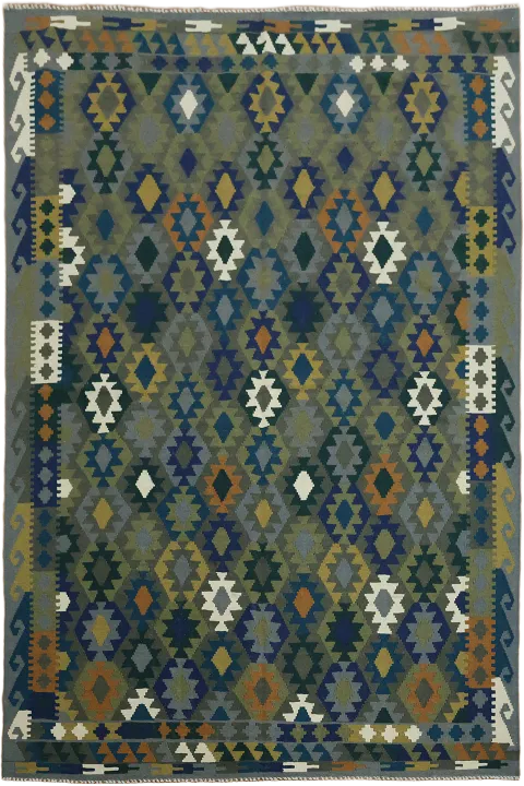 Traditional Tribal-Inspired Turkish Kilim Rug with Rich Colorful Motifs 7x10