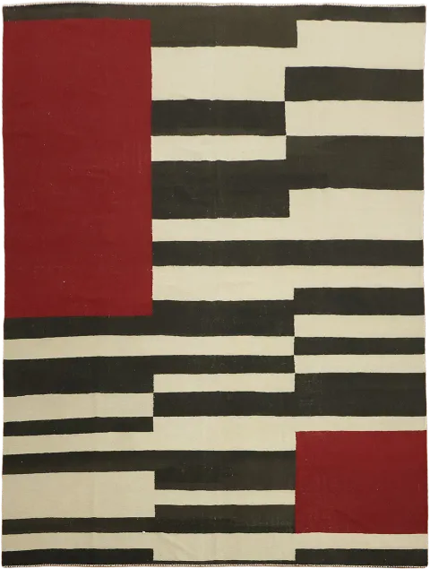 Contemporary Abstract Rug with Bold Black Stripes and Red Accents 9x12