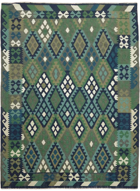 Green & Blue Geometric Handwoven Kilim Rug 6x8