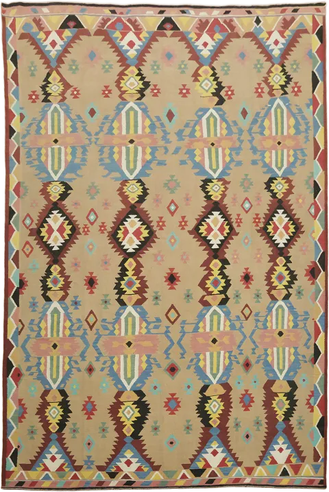 Beige Geometric Turkish Kilim Large Rug 10x15