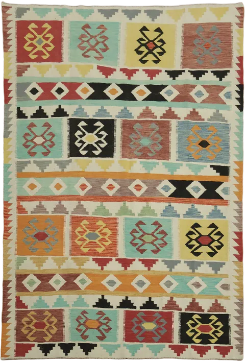 Colorful Geometric Wool Kilim Area Rug 7x10
