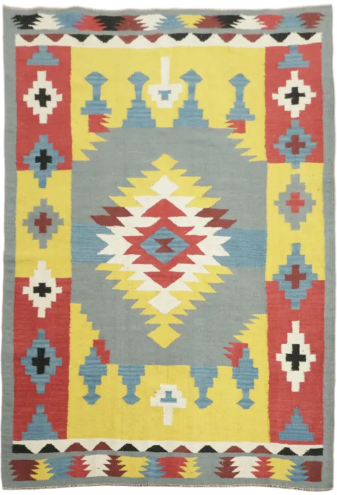 Gray & Yellow Handwoven Turkish Kilim Wool Rug 5x7
