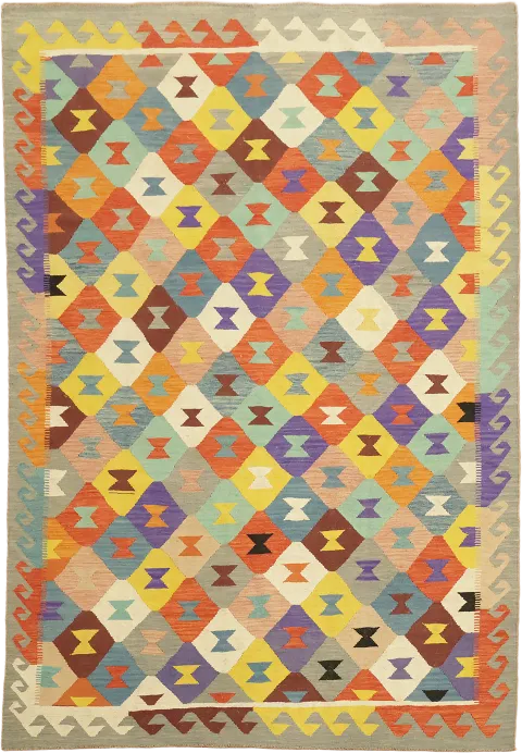 Handwoven Turkish Kilim Kaleidoscope Rug with Vibrant Geometric Designs 7x10