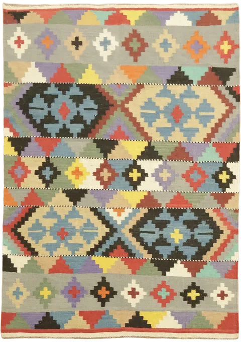 Southwestern Geometric Kilim Turkish Rug with Multi-Hued Patterns 5'x7'